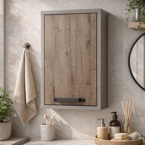 Vista ambientata pensile bagno in legno 1 anta colore"rovere invecchiato e grigio" modello Sylva Totò Piccinni