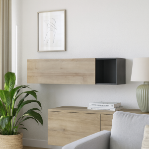 Vista ambientata Pensile da parete in legno colore "Rovere/Grigio Antracite" 1 anta e 1 vano modello Nova Totò Piccinni