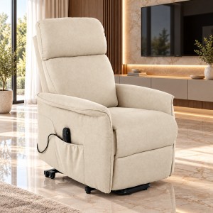 Vista ambientata poltrona elettrica doppio motore reclinabile e alzapersona con 2 porte USB in tessuto colore "beige" modello Giorgia Totò Piccinni