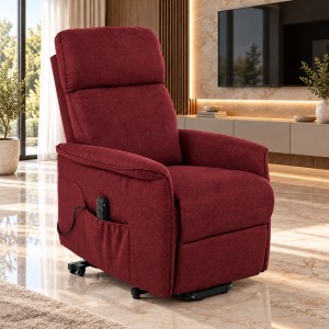Vista ambientata poltrona elettrica doppio motore reclinabile e alzapersona con 2 porte USB in tessuto colore "bordeaux" modello Giorgia Totò Piccinni