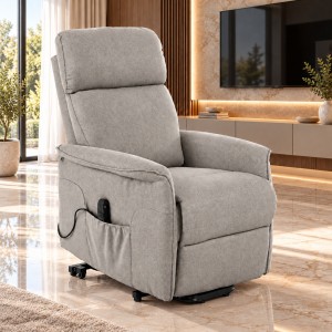 Vista ambientata poltrona elettrica doppio motore reclinabile e alzapersona con 2 porte USB in tessuto colore "grigio chiaro" modello Giorgia Totò Piccinni