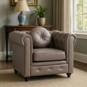 Vista ambientata Poltrona vintage trapuntata colore "Ecopelle Marrone" con piedini in legno modello Chester Totò Piccinni