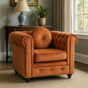 Vista ambientata Poltrona vintage trapuntata colore "Effetto Nab. Terracotta" con piedini in legno modello Chester Totò Piccinni