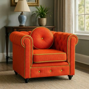 Vista ambientata Poltrona vintage trapuntata colore "3D Arancione" con piedini in legno modello Chester Totò Piccinni