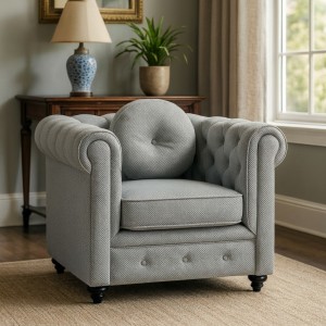 Vista ambientata Poltrona vintage trapuntata colore "3D Grigio" con piedini in legno modello Chester Totò Piccinni