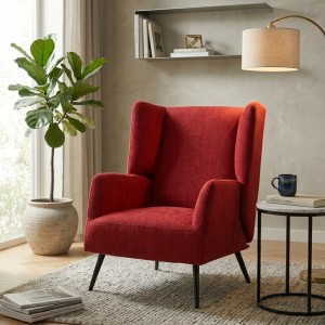 Vista ambientata Poltroncina in Tessuto colore Bordeaux con gambe in Metallo modello Ariel Totò Piccinni