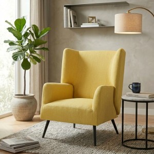 Vista ambientata Poltroncina in Tessuto colore Giallo con gambe in Metallo modello Ariel Totò Piccinni