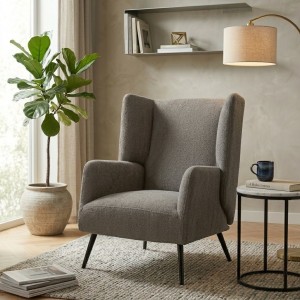 Vista ambientata Poltroncina in Tessuto colore Tortora con gambe in Metallo modello Ariel Totò Piccinni