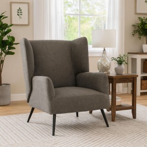 Vista ambientata Poltroncina in Tessuto colore Tortora con gambe in Metallo modello Ariel Totò Piccinni