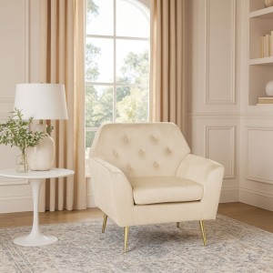 Vista ambientata Poltroncina in Velluto imbottita colore Beige modello Sofi Totò Piccinni