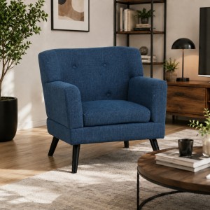 Vista ambientata Poltrona in tessuto colore Blu con braccioli e piedi in legno modello Ketty Totò Piccinni