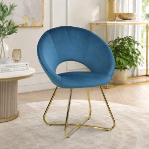 Vista ambientata Poltrona in Velluto colore Blu Ottanio design moderno con piedini in metallo modello Saturno Totò Piccinni