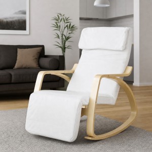 Vista ambientata Poltroncina a dondolo in tessuto imbottita colore Beige con struttura in legno modello Liberty Totò Piccinni