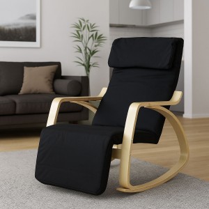 Vista ambientata Poltroncina a dondolo in tessuto imbottita colore Nero con struttura in legno modello Liberty Totò Piccinni