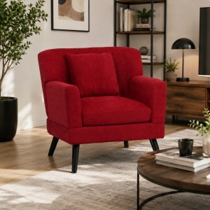 Vista ambientata Poltrona in tessuto colore Bordeaux con braccioli e piedi in legno modello Ketty Totò Piccinni