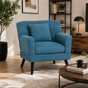 Vista ambientata Poltrona in tessuto colore Blu New con braccioli e piedi in legno modello Ketty Totò Piccinni