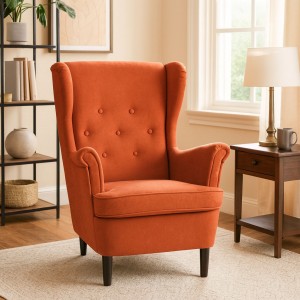 Vista ambientata Poltrona Arancione su sfondo bianco vista obliqua modello Lilibet Totò Piccinni - Design tipo Ikea Strandmon