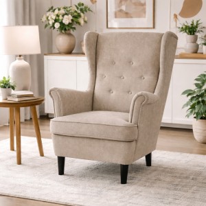 Vista ambientata Poltrona Beige su sfondo bianco vista obliqua modello Lilibet Totò Piccinni - Design tipo Ikea Strandmon