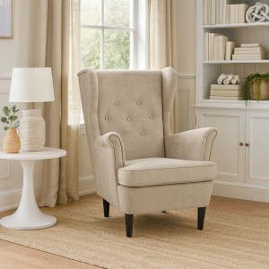 Vista ambientata Poltrona Beige su sfondo bianco vista obliqua modello Lilibet Totò Piccinni - Design tipo Ikea Strandmon