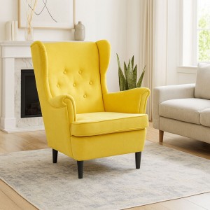 Vista ambientata Poltrona Giallo su sfondo bianco vista obliqua modello Lilibet Totò Piccinni - Design tipo Ikea Strandmon