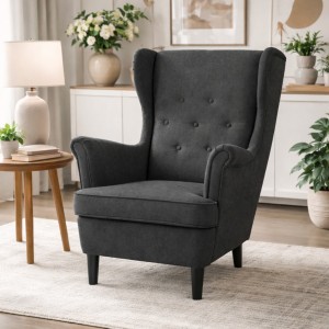Vista ambientata Poltrona Grigio Scuro su sfondo bianco vista obliqua modello Lilibet Totò Piccinni - Design tipo Ikea Strandmon