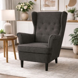 Vista ambientata Poltrona Marrone Scuro su sfondo bianco vista obliqua modello Lilibet Totò Piccinni - Design tipo Ikea Strandmon