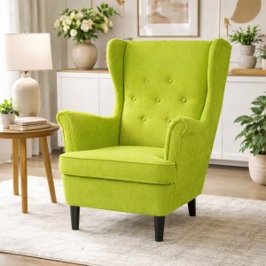 Vista ambientata Poltrona Verde Chiaro su sfondo bianco vista obliqua modello Lilibet Totò Piccinni - Design tipo Ikea Strandmon