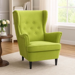 Vista ambientata Poltrona Verde Chiaro su sfondo bianco vista obliqua modello Lilibet Totò Piccinni - Design tipo Ikea Strandmon