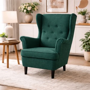 Vista ambientata Poltrona Verde Scuro su sfondo bianco vista obliqua modello Lilibet Totò Piccinni - Design tipo Ikea Strandmon