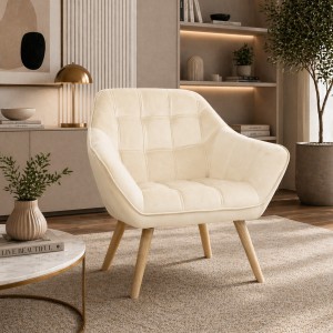Vista ambientata Poltroncina in Velluto imbottito colore Beige con piedini in Legno modello Dama Totò Piccinni