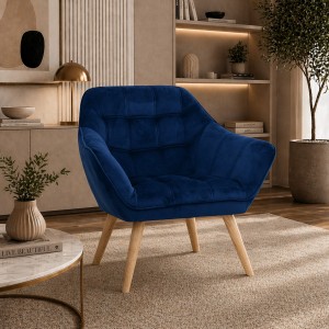 Vista ambientata Poltroncina in Velluto imbottito colore Blu con piedini in Legno modello Dama Totò Piccinni