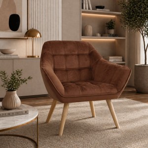 Vista ambientata Poltroncina in Velluto imbottito colore Marrone con piedini in Legno modello Dama Totò Piccinni