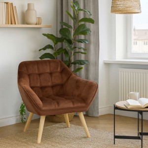 Vista ambientata Poltroncina in Velluto imbottito colore Marrone con piedini in Legno modello Dama Totò Piccinni