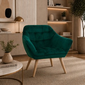 Vista ambientata Poltroncina in Velluto imbottito colore Verde con piedini in Legno modello Dama Totò Piccinni