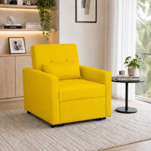 Vista ambientata Poltrona letto in Tessuto colore Giallo Senape con braccioli modello Prestodormo Totò Piccinni