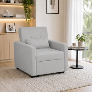 Vista ambientata Poltrona letto in Tessuto colore Grigio Chiaro con braccioli modello Prestodormo Totò Piccinni
