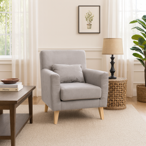 Vista ambientata Poltrona design moderno imbottita in Tessuto colore Grigio Chiaro con piedi in legno modello Enea Totò Piccinni