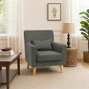 Vista ambientata Poltrona design moderno imbottita in Tessuto colore Grigio con piedi in legno modello Enea Totò Piccinni