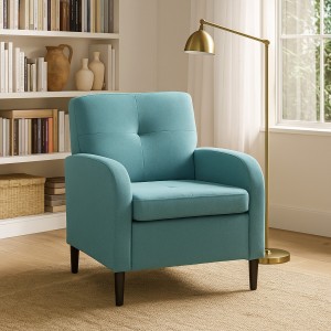 Vista ambientata Poltrona in Tessuto colore Turchese imbottita con braccioli modello River Totò Piccinni
