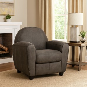 Vista ambientata Poltrona design vintage imbottita in similpelle colore Grigio con braccioli design vintage modello Vanity Totò Piccinni