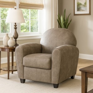 Vista ambientata Poltrona design vintage imbottita in similpelle colore Crema con braccioli design vintage modello Vanity Totò Piccinni