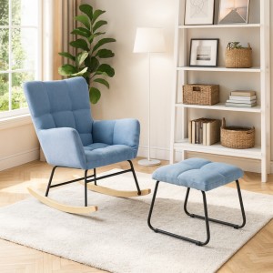 Vista ambientata Set poltroncina a dondolo in Tessuto colore Blu Jeans con sgabello modello Golfo Totò Piccinni