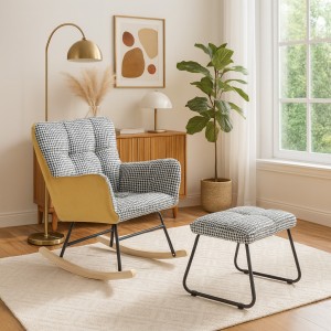 Vista ambientata Set poltroncina a dondolo in Velluto colore Giallo Pixel con sgabello modello Golfo Totò Piccinni