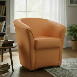 vista ambientata Poltrona Poltroncina a POZZETTO Ecopelle, artigianale Made in Italy Arancione Chiaro Totò Piccinni