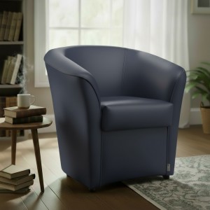 Vista ambientata Poltrona Poltroncina a POZZETTO Ecopelle, artigianale Made in Italy Blu Scuro Totò Piccinni