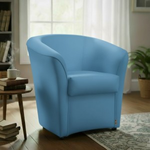 Vista ambientata Poltrona Poltroncina a POZZETTO Ecopelle, artigianale Made in Italy Celeste Totò Piccinni