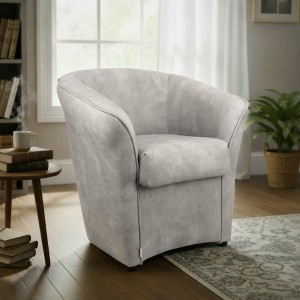 Vista ambientata Poltrona Poltroncina a POZZETTO Ecopelle, artigianale Made in Italy Effetto Nabuk Beige Totò Piccinni