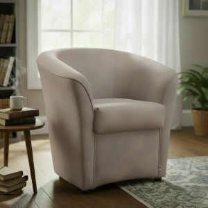 Vista ambientata Poltrona Poltroncina a POZZETTO Ecopelle, artigianale Made in Italy Effetto Nabuk Tortora Totò Piccinni