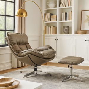 Vista ambientata Set con poltrona e pouf colore Marrone girevole imbottita in similpelle modello Baia Totò Piccinni