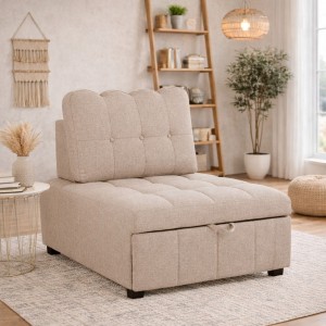 Vista ambientata Poltrona letto in tessuto beige con cuscino modello Ready totò Piccinni